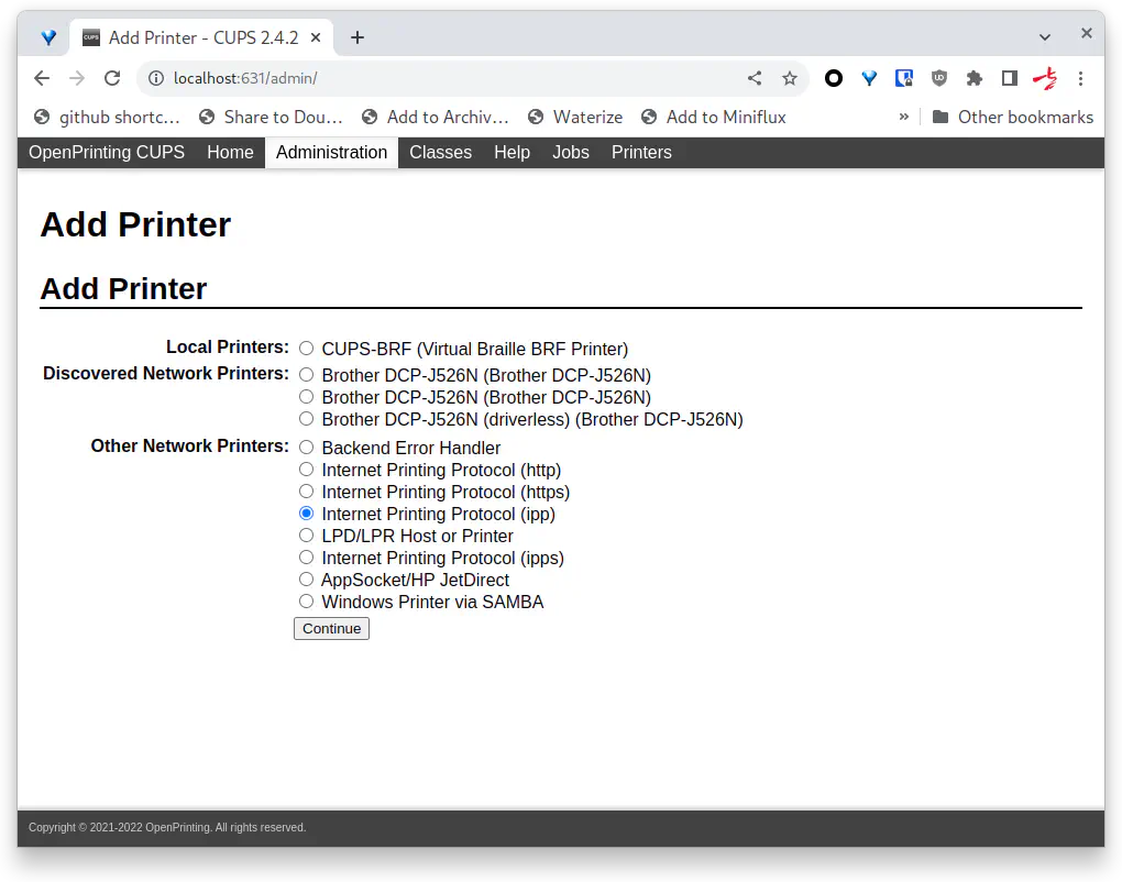 选择 Other Network Printers 中的 Internet Printing Protocol（ipp）